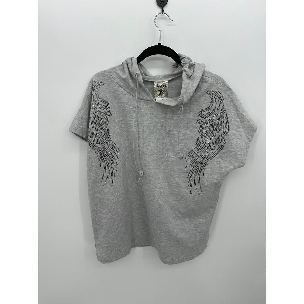 Vocal USA Womens Y2K Gray Pullover Hoodie Sz M Grunge Rhinestone Edgy Boho NWT